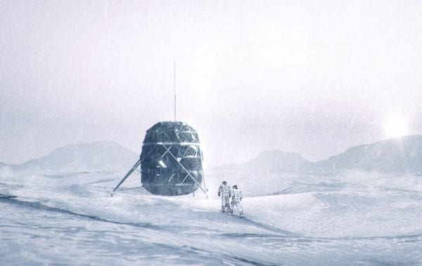 Lunark habitat conceptual visualization -- the modular home in a desolate, snowy landscape