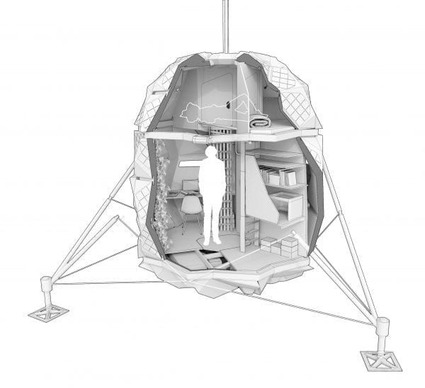 Illustration of the Lunark module with a cutaway showing the scale with a human outline more than half the height of the interior.