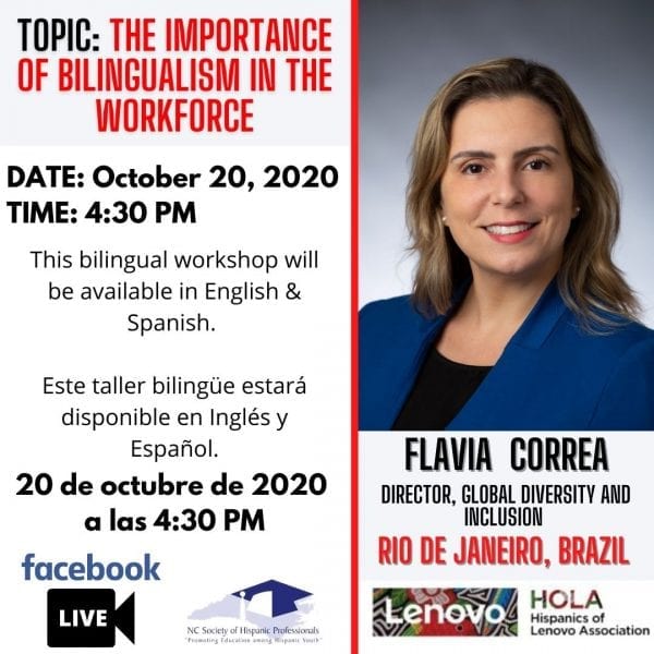 Flyer for "The importance of bilingualism in the workforce" with speaker Flavia Correa