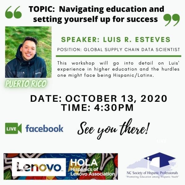 Flyer for "Navigating education and setting yourself up for success" with Luis R. Esteves