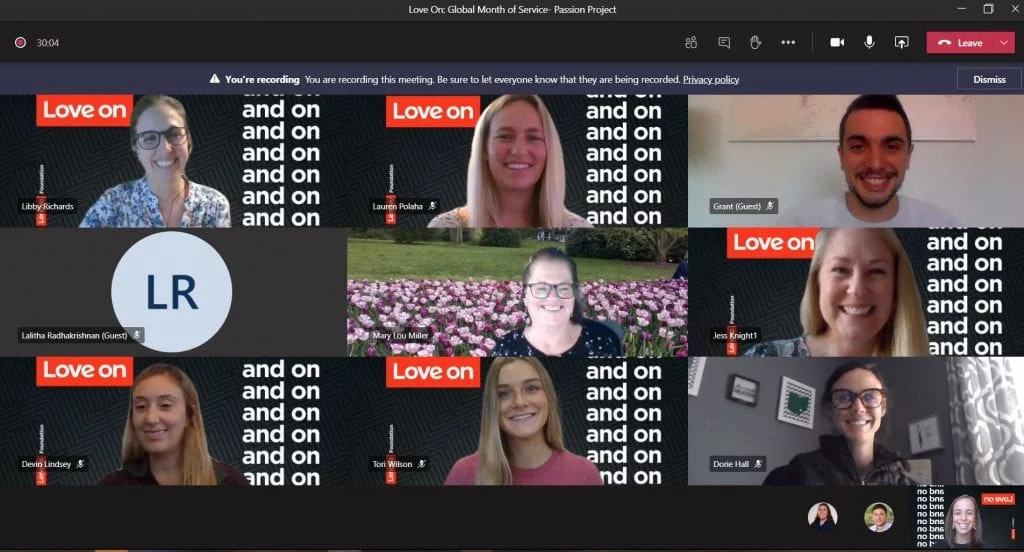 Screenshot the Passion Project Team discussing volunteer opportunities during a video call