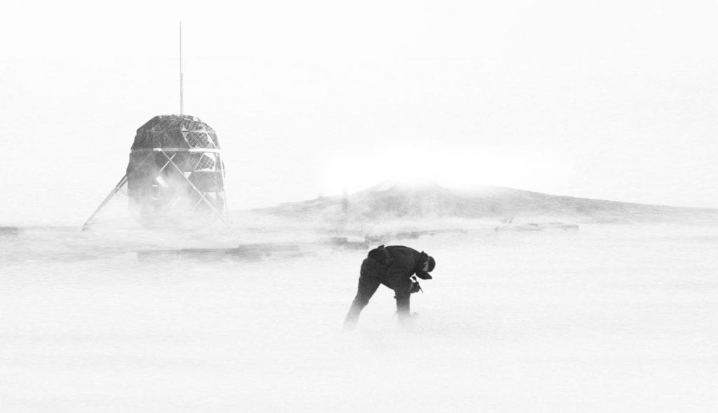 Illustration of the Lunark habitat weathering a blizzard.