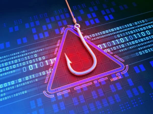 3D rendering of lines of code behind a warning emblem with a fishing hook dropping in.