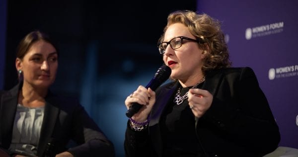 Lenovo's Fiona O'Brien speaking on a panel at the Women's Forum Global Meeting in 2019.