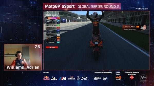 MotoGP eSport screenshot of virtual race victory.