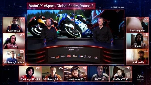 MotoGP eSport Global Series Round 3 with participant video feeds in small thumbnails.