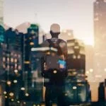 Lenovo brand image of student with backpack and a cityscape overlay