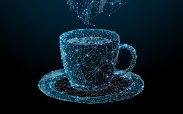 Coffee cup drawn with glowing lines and points, like an architectural schematic