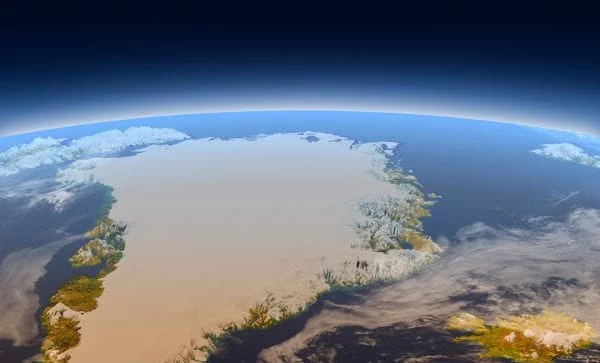 Greenland ice and snow from an orbital satellite perspective.