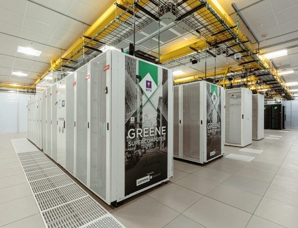 Wide shot of the corner of NYU's Greene Supercomputer - 68th greenest supercomputer in the world