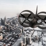 3D rendering of a prototype twin-turbine plane flying over a city