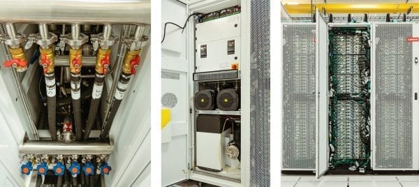 Images of the internal working of the HPC cluster, including piping for coolant and cable connections.