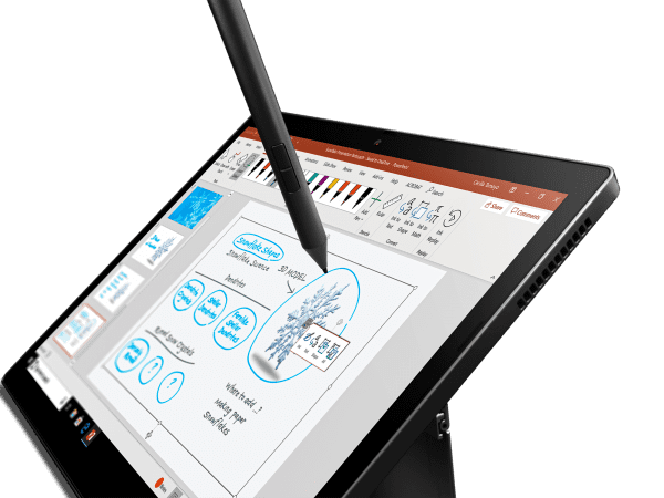 ThinkPad X12 tablet, closeup of pen in use on screen