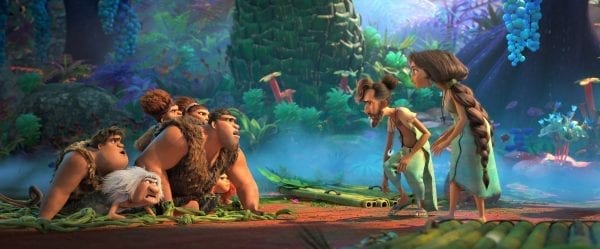 The Croods (left) meet The Bettermans (right) in DreamWorks Animation's The Croods: A New Age, directed by Joel Crawford. The Croods (from left): Thunk (Clark Duke), Gran (Cloris Leachman), Sandy (Kailey Crawford), Grug (Nicolas Cage), Ugga (Catherine Keener) and Eep (Emma Stone). The Bettermans (from near right): Phil (Peter Dinklage) and Hope (Leslie Mann).
