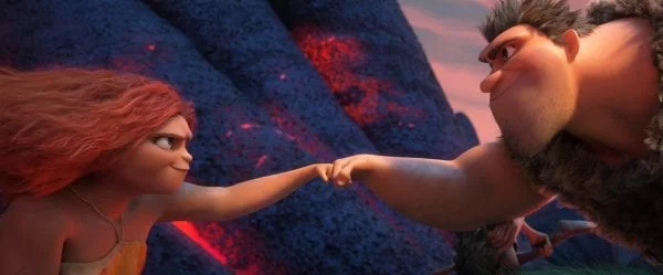 (from left) Eep Crood (Emma Stone) and Grug Crood (Nicolas Cage) in DreamWorks Animation's "The Croods: A New Age," directed by Joel Crawford.