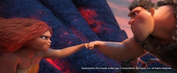 (from left) Thunk Crood (Clark Duke), Sandy Crood (Kailey Crawford) and Gran (Cloris Leachman) in DreamWorks Animation's "The Croods: A New Age," directed by Joel Crawford.
