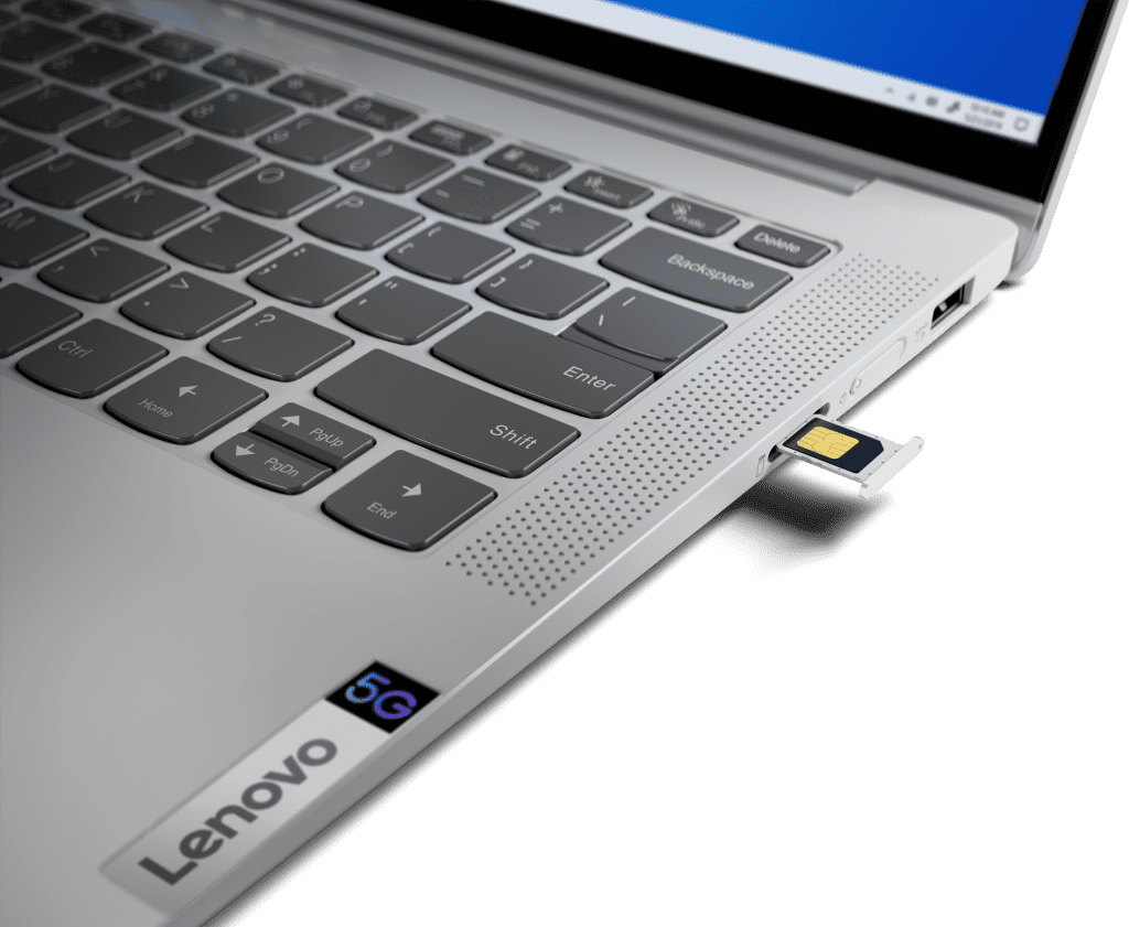 Primo piano del Lenovo IdeaPad 5G che mostra lo slot della scheda SIM