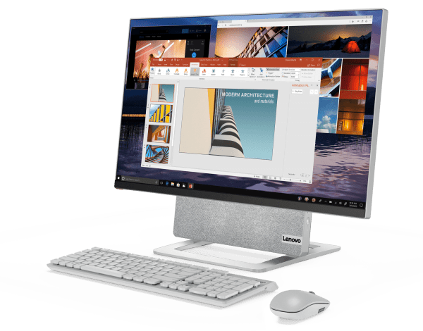 Lenovo Yoga AIO 7 in horizontal orientation with keyboard and mouse