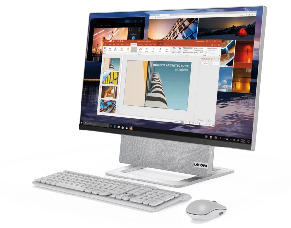 Lenovo Yoga AIO 7 in horizontal orientation with keyboard and mouse