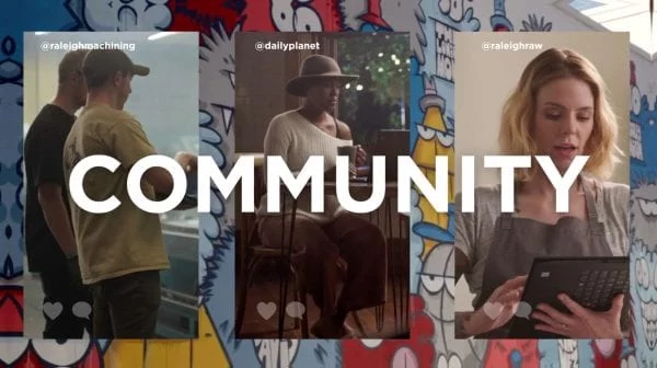 Screenshot of multiple community participants with the word COMMUNITY overlaid.