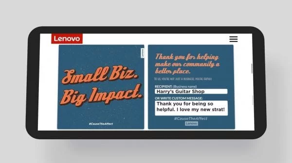 Image of a smartphone in landscape mode displaying "Small Biz. Big Impact." and the form for recognizing a small business.