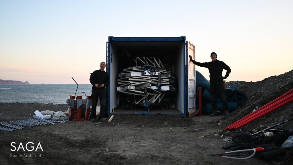 Lunark module folded and packed for transportation in a freight container.