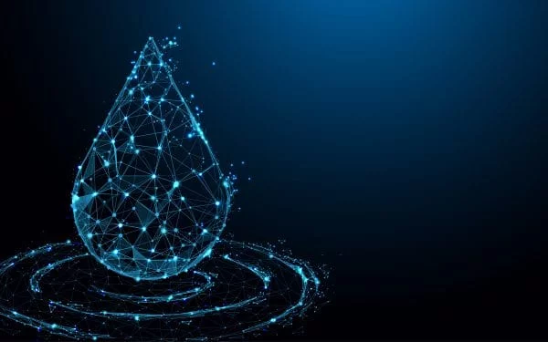 Polygonal rendering of a large blue water droplet with data-like bright points throughout.