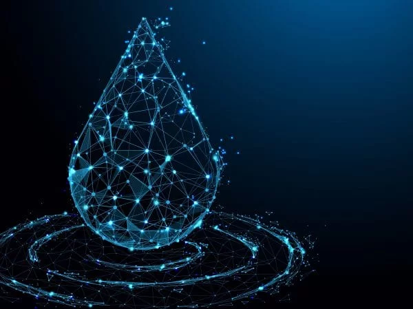 Polygonal rendering of a large blue water droplet with data-like bright points throughout.