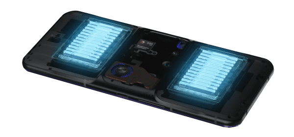 Lenovo Legion Phone Duel 2 with batteries exposed -- Dual batteries combine to provide 5500mAh of total power for extended gameplay.