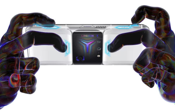 Lenovo Legion Phone Duel 2 with stylized hand silhouettes holding the device