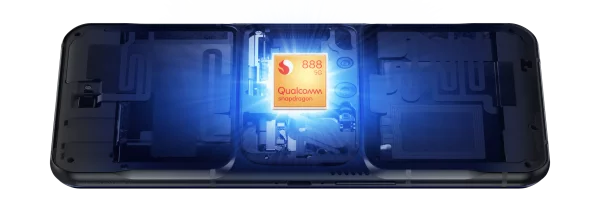 Lenovo Legion Phone Duel 2 with the back semi-open to show the Qualcomm chip inside.