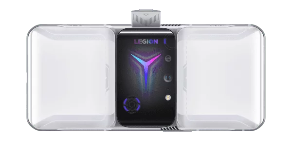 Lenovo Legion Phone Duel 2 in Titanium White in landscape mode showing the popup camera.
