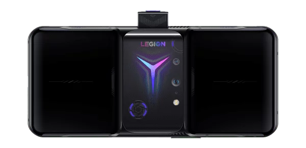 Lenovo Legion Phone Duel 2 in Ultimate Black in Titanium White in landscape mode showing the popup camera.