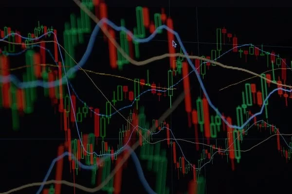 Lenovo brand image - stock value marks in multiple colors, overlayed and connected by curved lines