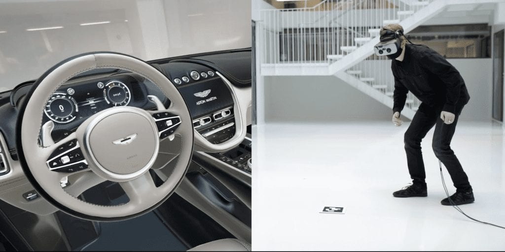 Split image with (left) the steering wheel and dash of an Aston Martin vehicle and (right) a person wearing a Varjo headset in an empty room.