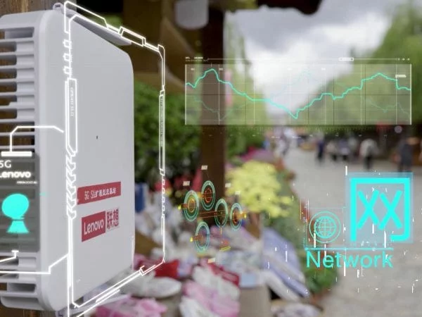 5G service box in Lijiang with technology graphics overlay showing different data