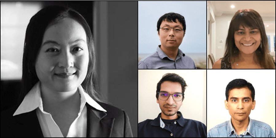 Left, Data scientist Barbara Xu and her teammates in the Smart Assistive Tech Hackathon: (Top L to R) Jixin Feng, Carolyn Sealy, (Bottom L to R), Piyush Choudhary, Sergio Valadez Cruz