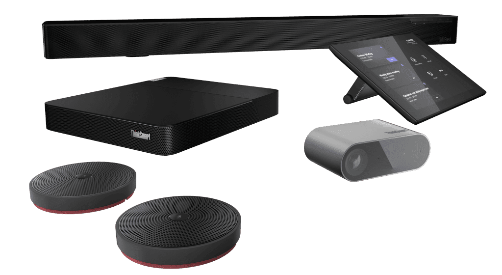 Lenovo ThinkSmart Core Room Kit with controller, ThinkSmart Cam and ThinkSmart Bar -- with additional table-top microphones.