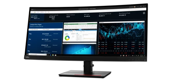 Lenovo ThinkVision P34w showing multiple windows of data readouts.