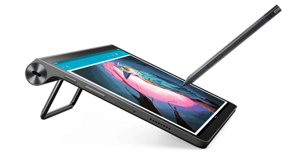 The Yoga Tab 11 in tilt mode with supported pen