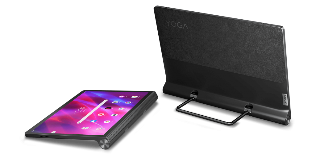 Pictured (left to right): The Yoga Tab 11 laying flat beside the Yoga Tab 13 on its kickstand