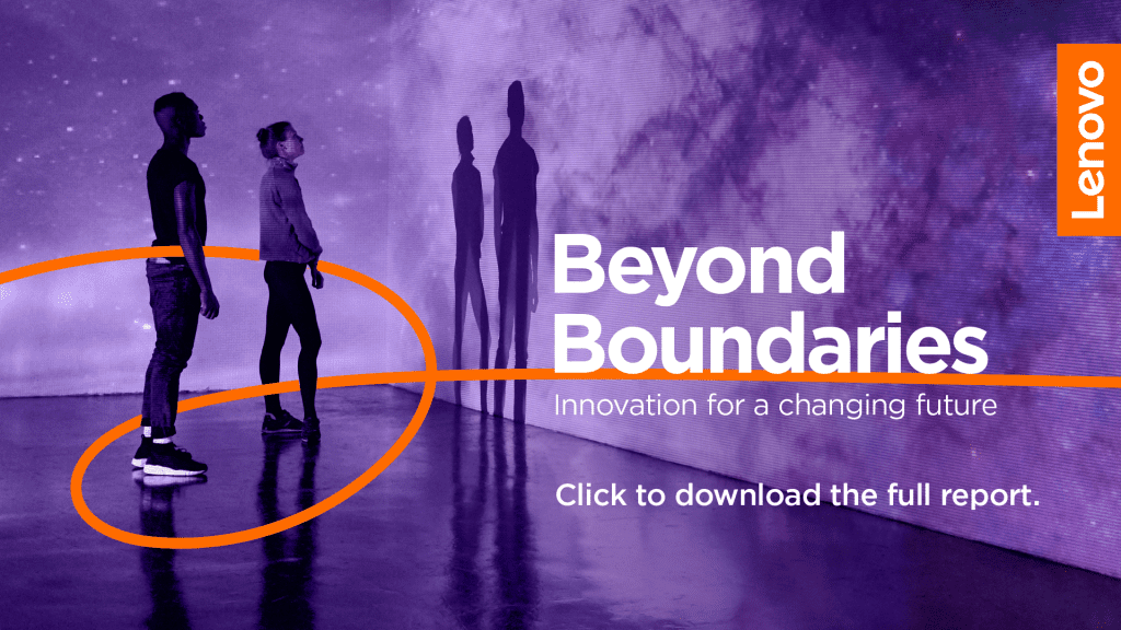 Lenovo Beyond Boundaries image - orange ribbon moving between two people looking at a wall covered in projected nebulae. TEXT: Click to download the full report.