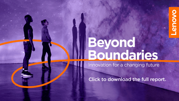 Lenovo Beyond Boundaries image - orange ribbon moving between two people looking at a wall covered in projected nebulae. TEXT: Click to download the full report.