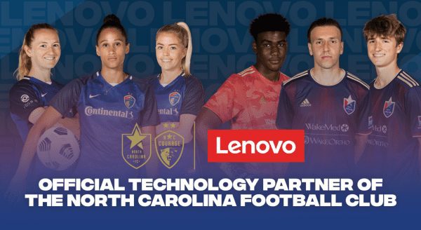 NCFC players with text on graphic: Official technology partner of the north carolina football club