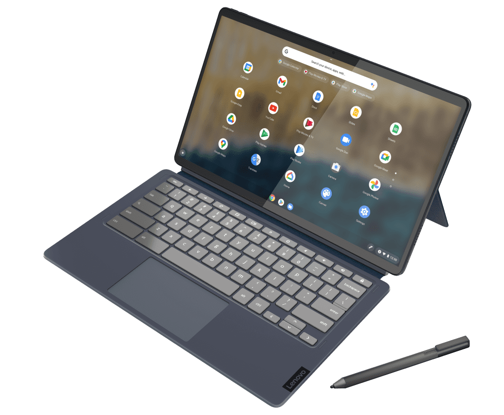 The IdeaPad Duet 5 Chromebook (13", 6) shown in Abyss Blue in productivity mode