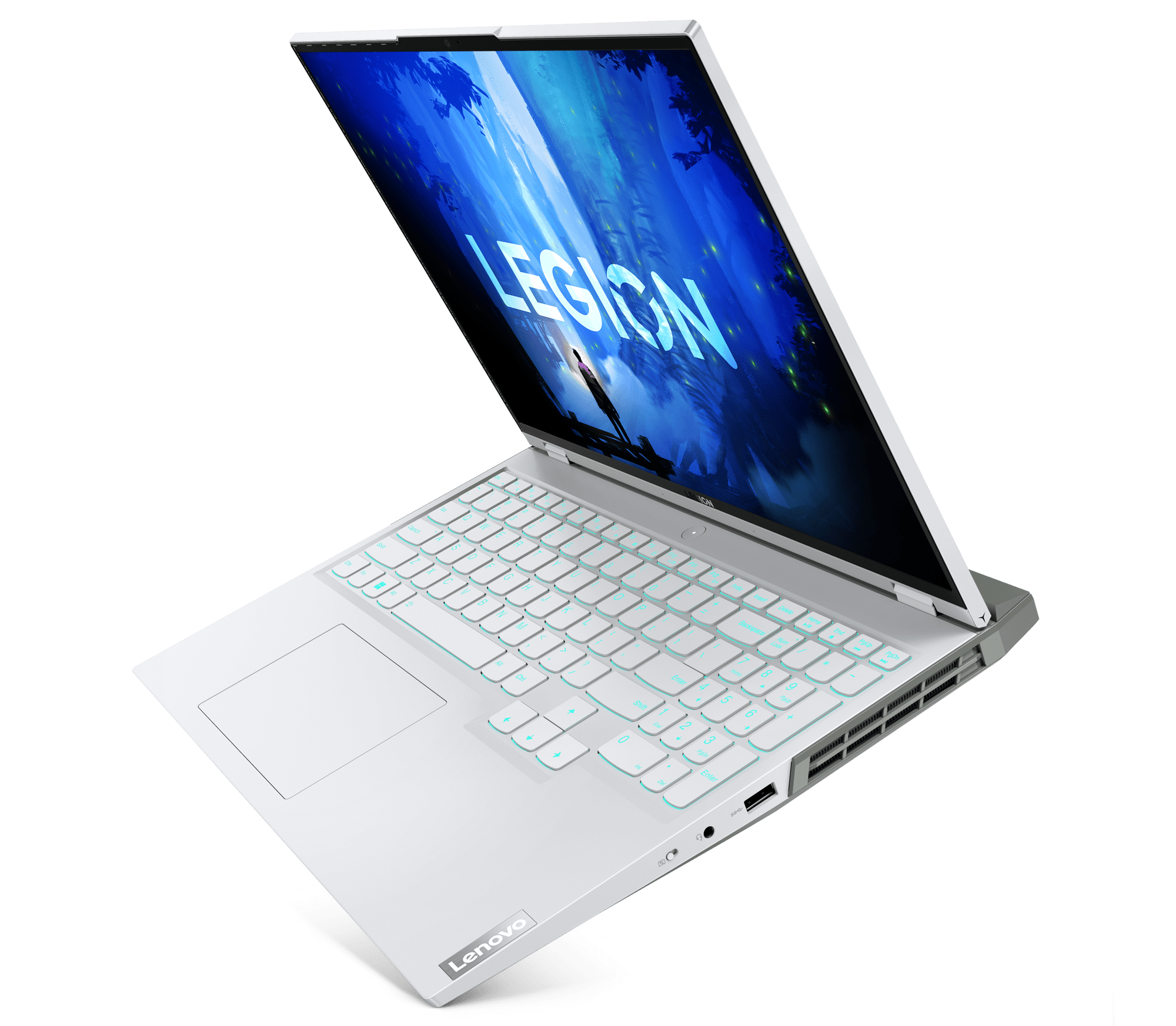 The Lenovo Legion 5i/5 Pro laptop is shown in Glacier White hue