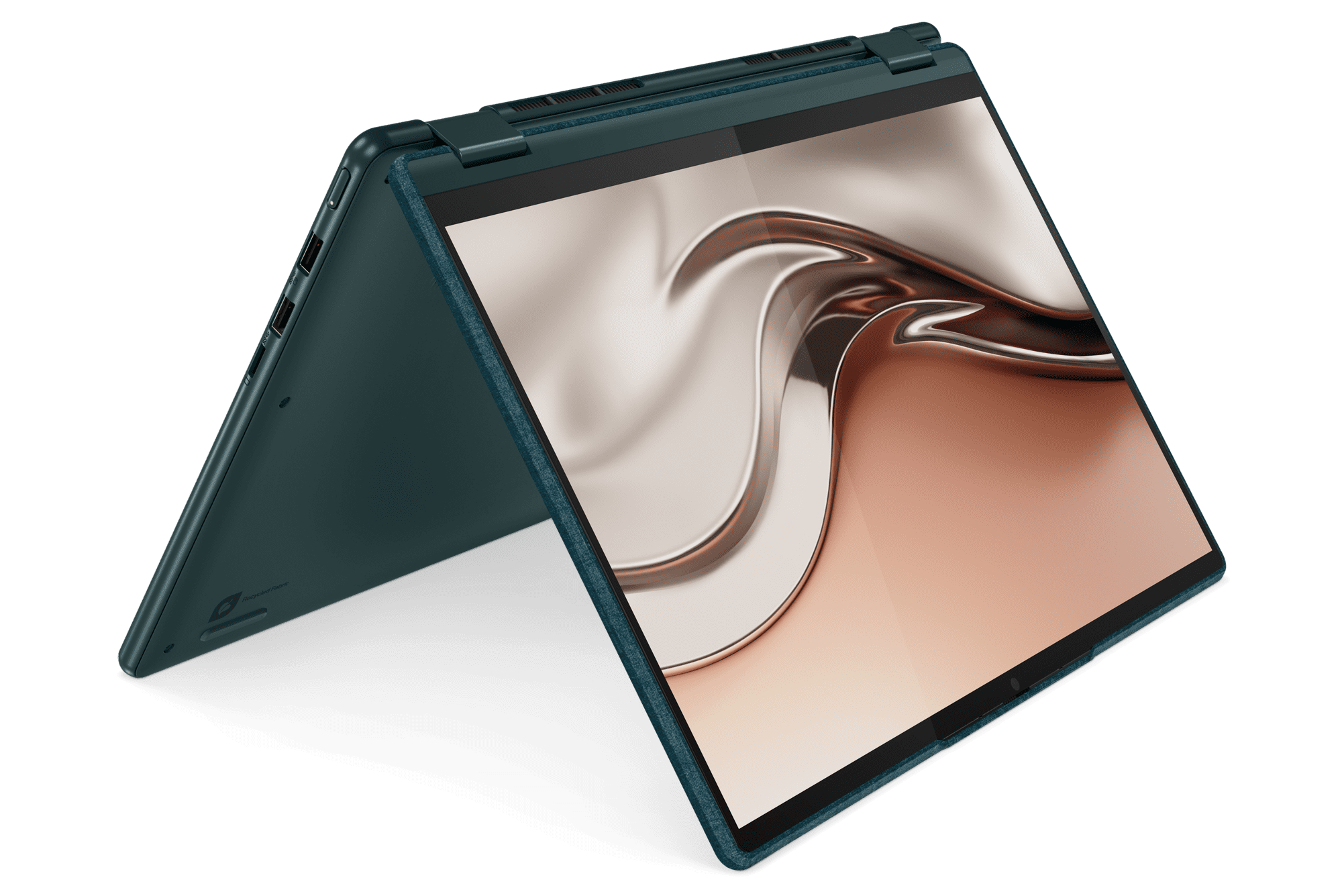 The Yoga 6 with fabric-wrapped cover in Dark Teal is made with recycled water bottles and recycled aluminum