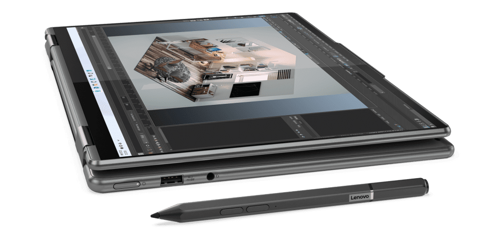 Shown with optional pen and in Stone Blue hue, the 14-inch Yoga 7i 2-in-1 folds flat