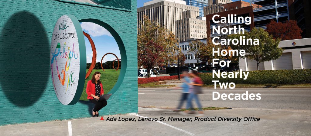 Lenovo's Ada Lopez sitting on a street sculpture. Text: "Calling North Carolina Home for Nearly Two Decades"