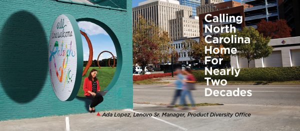 Lenovo's Ada Lopez sitting on a street sculpture. Text: "Calling North Carolina Home for Nearly Two Decades"